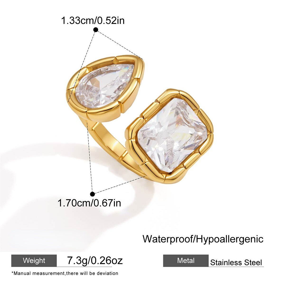 Luxe serie eenvoudige geometrische vormen, roestvrij staal, waterdicht, goudkleurige zirkonia, damesringen met edelsteen 