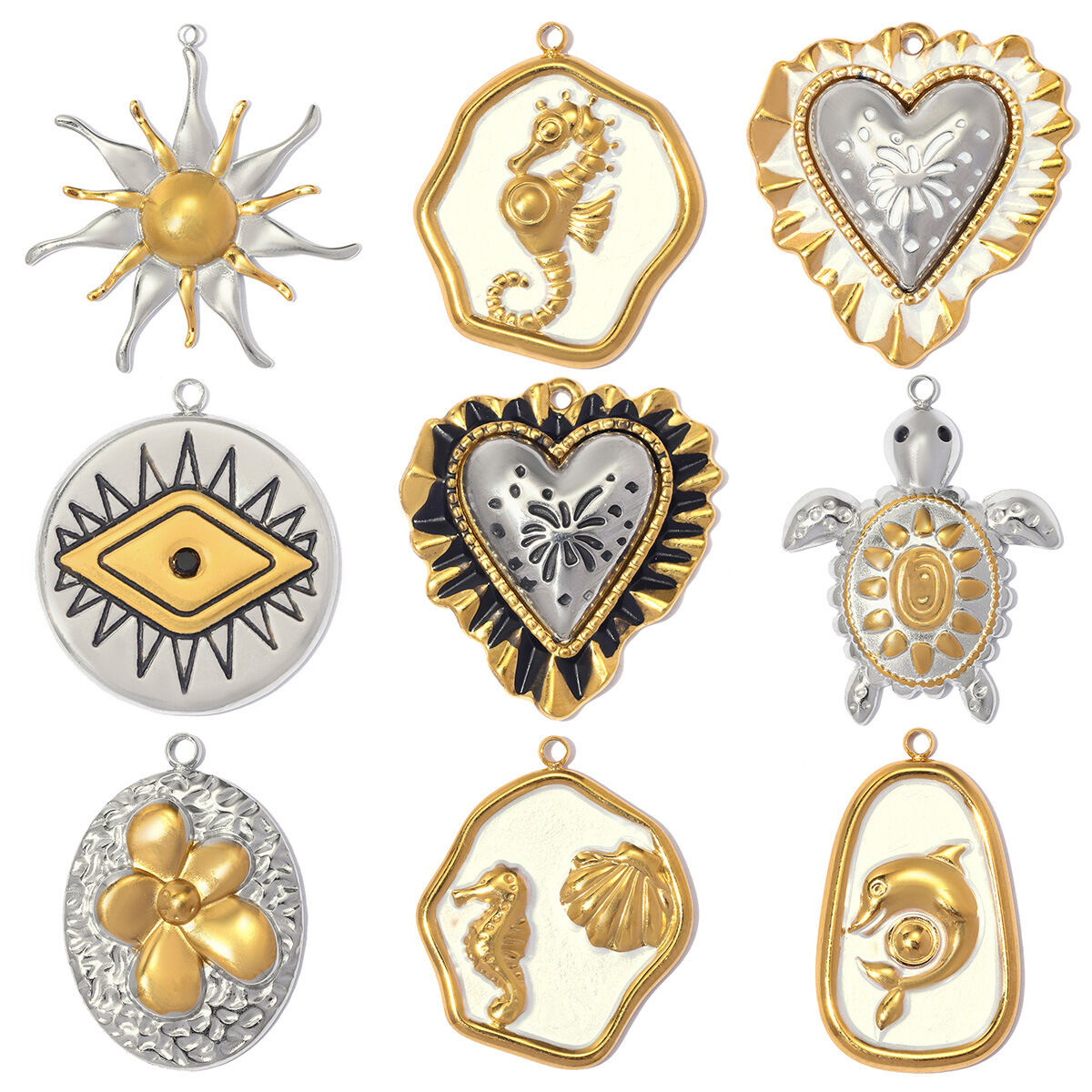 Ciondoli da donna della serie Classic fai da te a forma di cuore irregolare con occhio del diavolo, in acciaio inossidabile, impermeabili, colore oro.