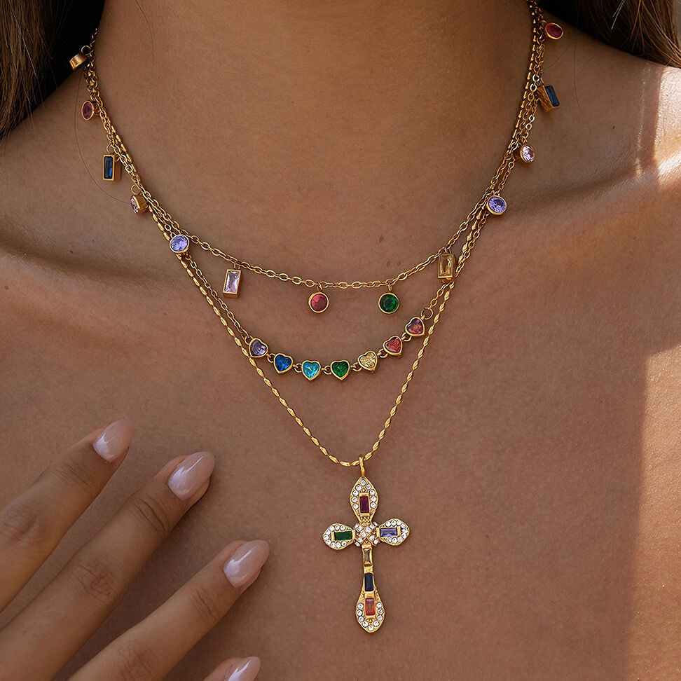 Luxurious Sweet Irregular Shape Mixed Color Chain Stainless Steel Waterproof   Gold Color  Zircon Women's Pendant Necklaces 2