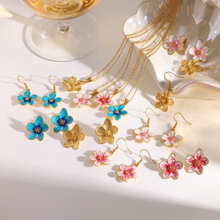 Romantic Series Enamel Flower Stainless Steel Waterproof Gold Color Women's Necklace Sets 2