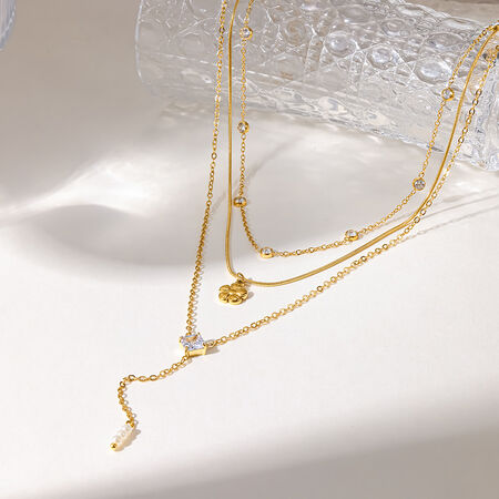 Romantic Series Elegant Flower Stainless Steel Waterproof Gold Color Women's Layered Necklaces