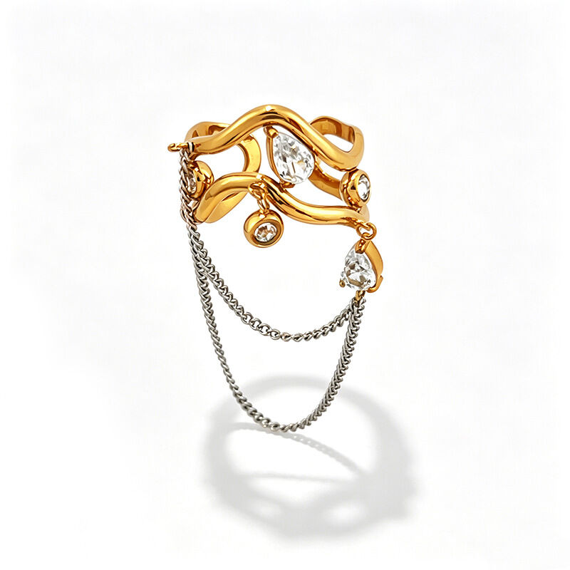 Droplet Tassel Stainless Steel Waterproof Gold Color Zircon Statement Rings Picture4