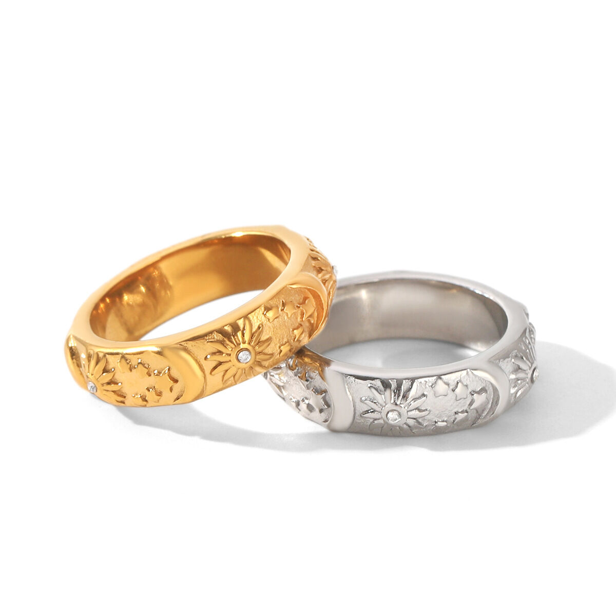 Simple Series Daily Sun Star Moon Stainless Steel Waterproof   Gold Color  Zircon Statement Rings Picture7