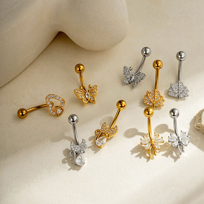 Piercings De Nombril En Zircon Couleur Cuivre Doré, Série Simple : Fleur, Cœur, Feuille, Papillon h5 Image4