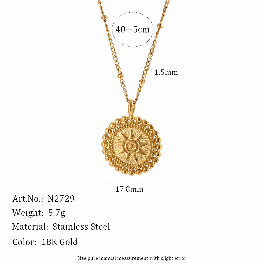 Simple Series Retro Sun Circle Stainless Steel Waterproof   Gold Color  Women's Pendant Necklaces h5 