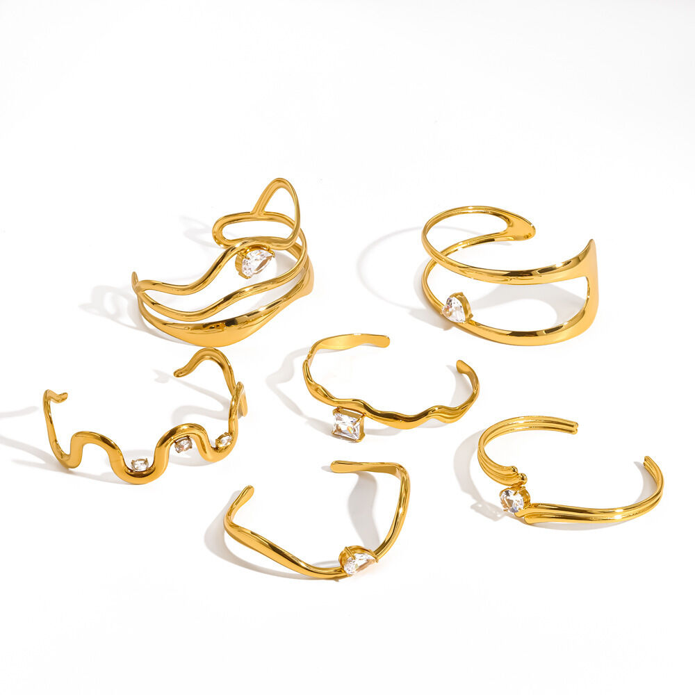 Simple Geometric Shape Stainless Steel Waterproof Gold Color Rhinestone Women's Cuff Bracelets Picture4