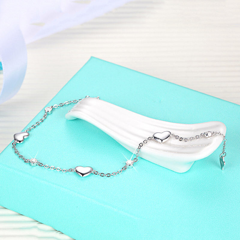 Bracelet En Argent Sterling 925 Plaqué Rhodium, Collection Simple Series Sweet Heart Chain, Pour Femme. h5 Image3