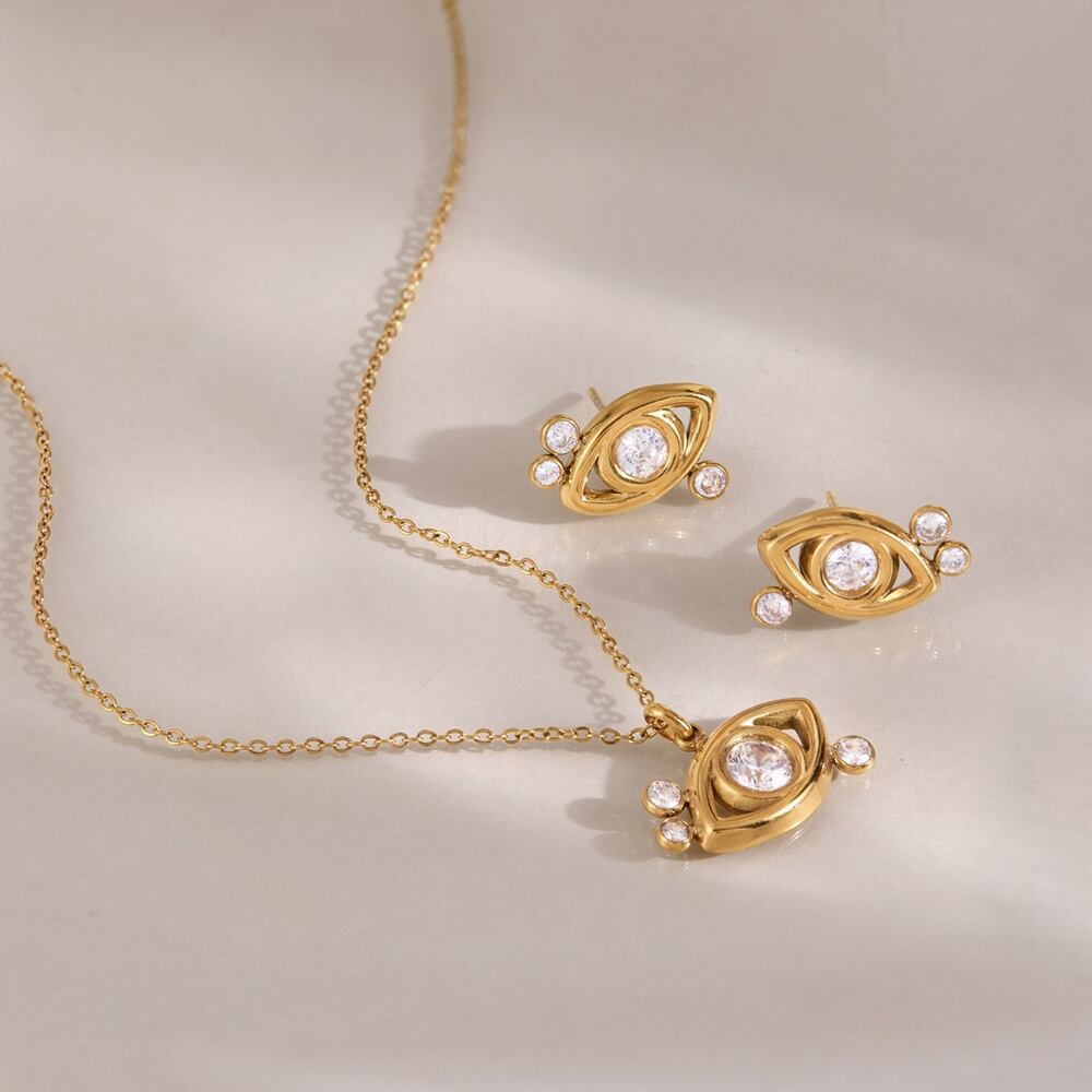 Simple Series Casual Devil's Eye Stainless Steel Waterproof Gold Color Zircon Women's Necklaces Sets Picture2