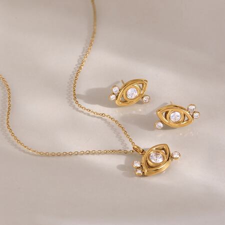 Simple Series Casual Devil's Eye Stainless Steel Waterproof Gold Color Zircon Women's Necklaces Sets 2