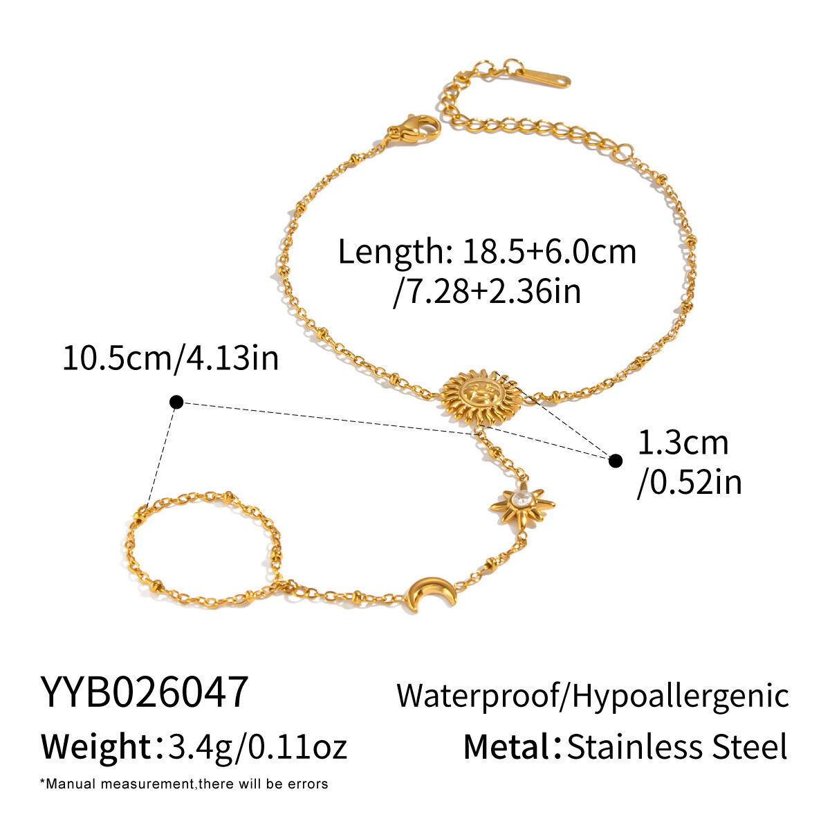 Sun Shape Stainless Steel Waterproof  Gold Color Women's Hand Chain h5 
