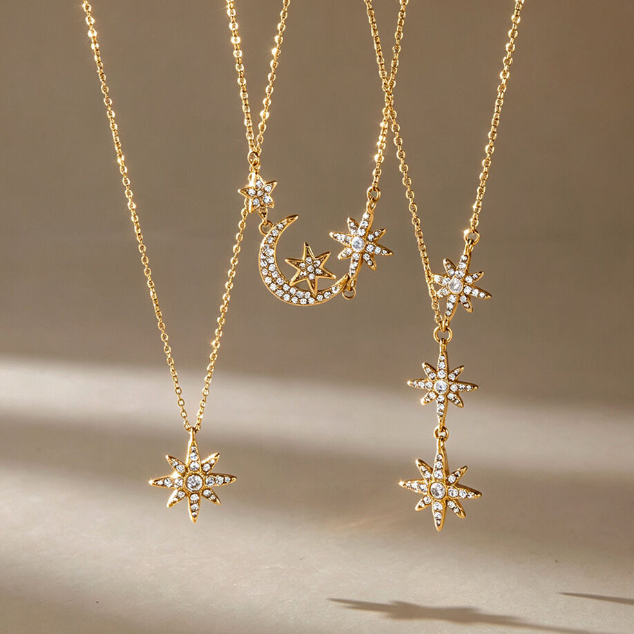 Collares Con Colgante De Circonita Color Oro, Elegante Cadena De Estrella De La Serie Romántica, De Acero Inoxidable, Resistentes Al Agua.