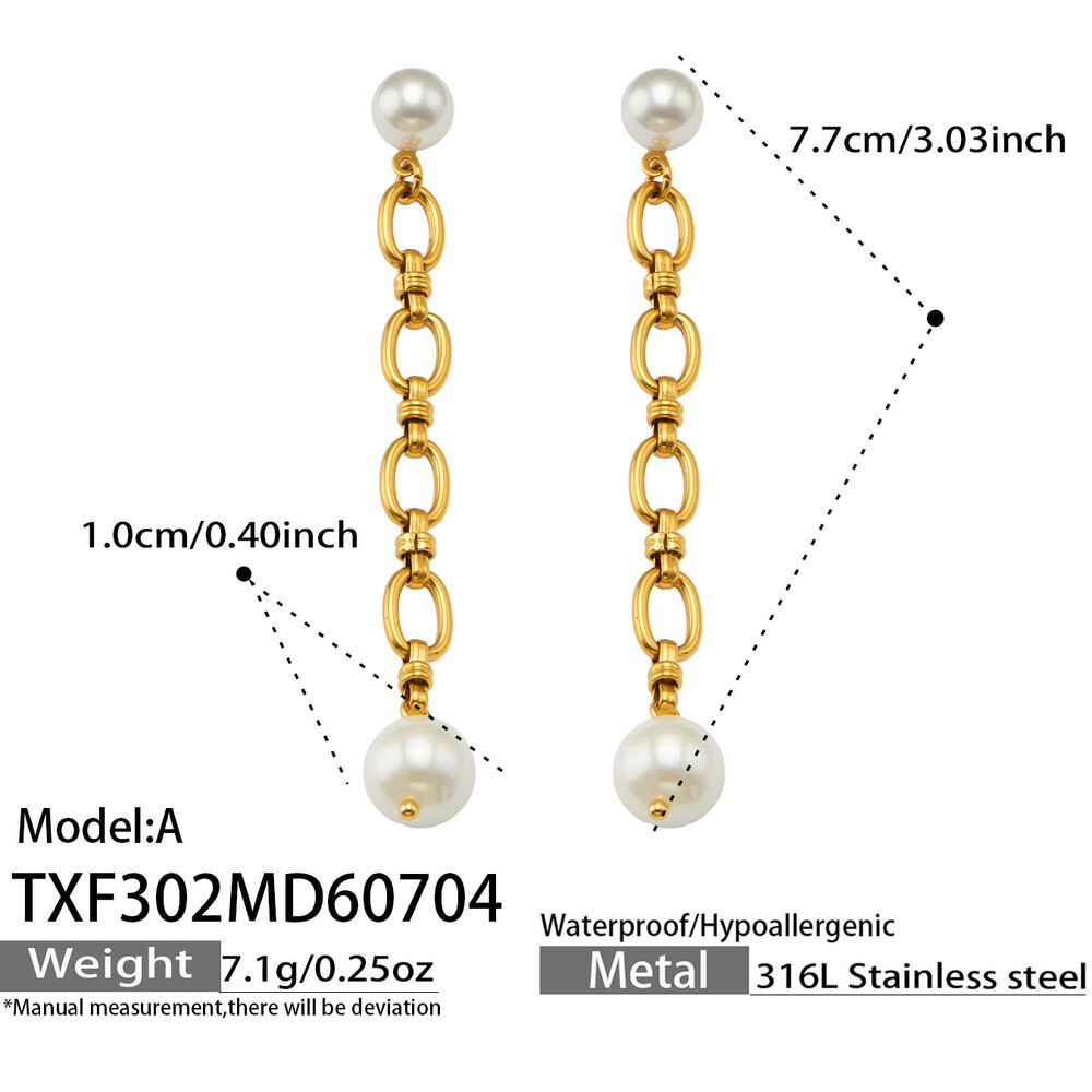 Boucles D'Oreilles Pendantes Pour Femme, Style Patchwork Décontracté, En Acier Inoxydable, Couleur Or, Ornées De Perles. Collection Simple Series.