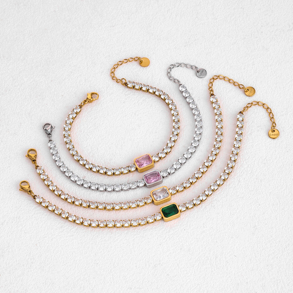 Luxe Serie Elegante Rechthoekige, Waterdichte, Patchwork Armbanden Van Roestvrij Staal Met Goudkleurige Zirkonia Voor Dames. Afbeelding3