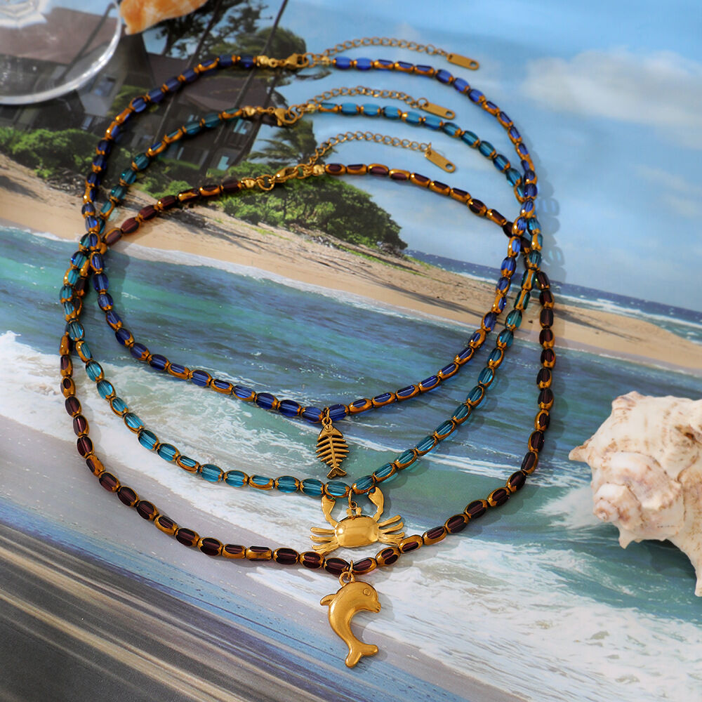 Simple Series Vacation Oceanic Style Beads Fish Stainless Steel Waterproof   Gold Color  Women's Beaded Necklaces Picture4