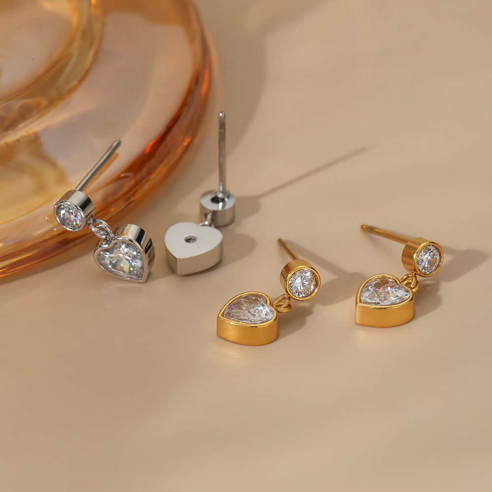 Simple Heart Stainless Steel Waterproof Gold Color Zircon Women's Drop Earrings Picture3