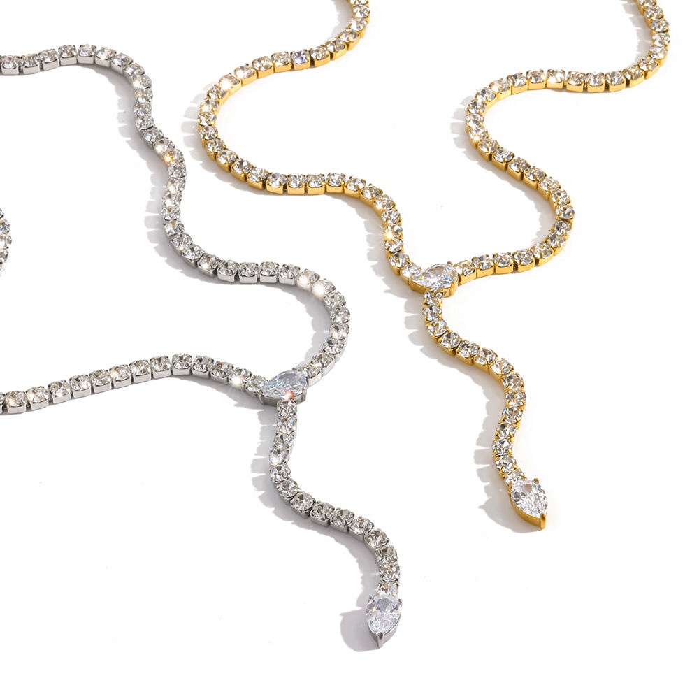 Elegant Stainless Steel Waterproof Gold Color Rhinestone Women's Chain Necklaces h5Picture4