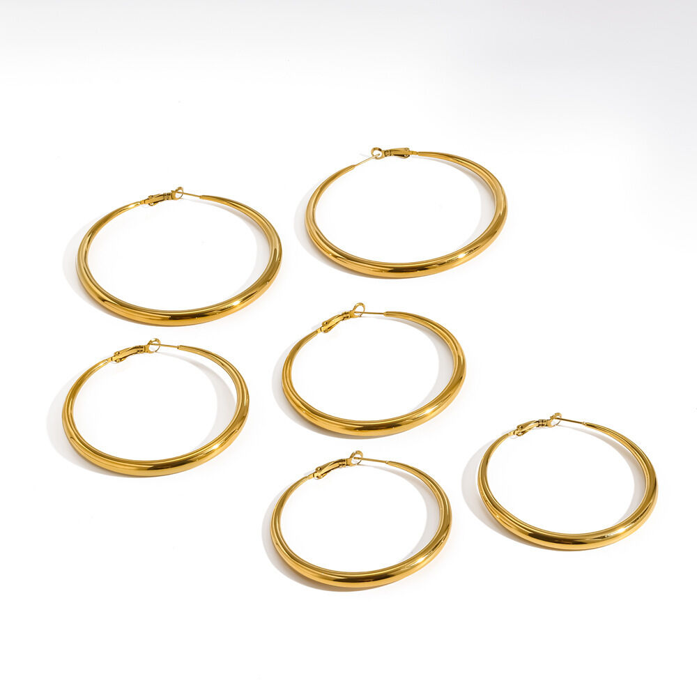 Simple Stainless Steel Waterproof Gold Color Women's Hoop Earrings h5Picture4