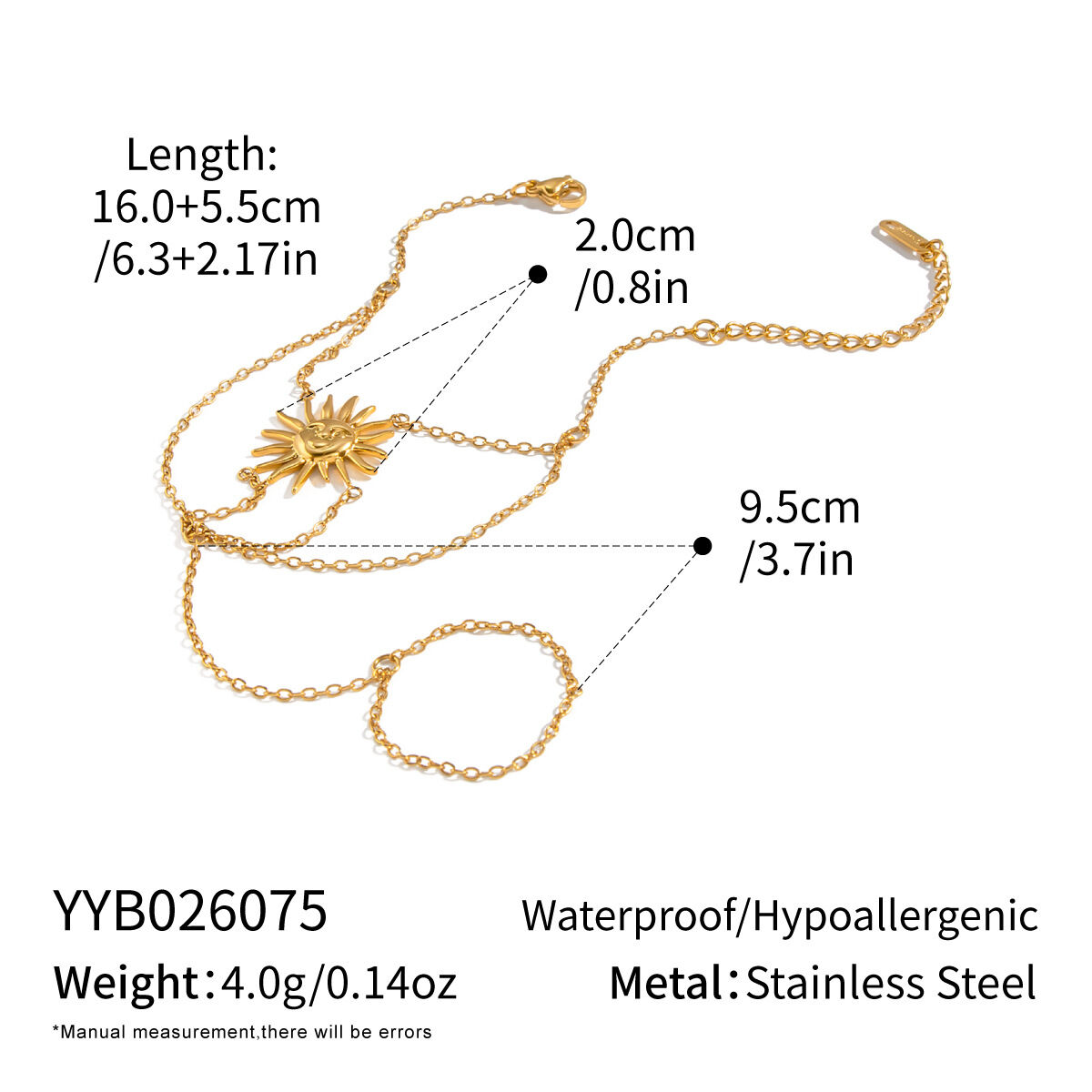 Sun Shape Stainless Steel Waterproof Gold Color Women's Hand Chain 