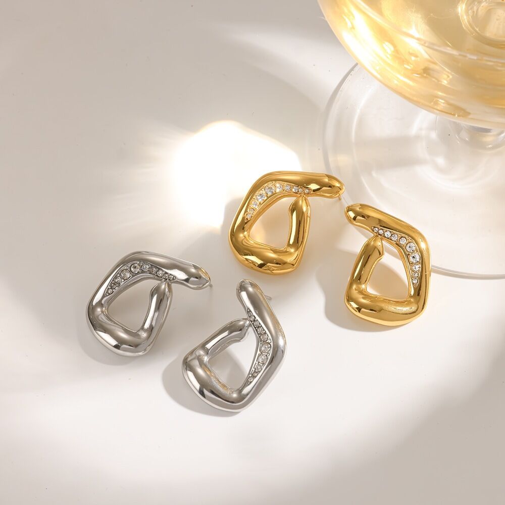 G-shape Stainless Steel Waterproof Gold Color Rhinestone Women's Stud Earrings 2