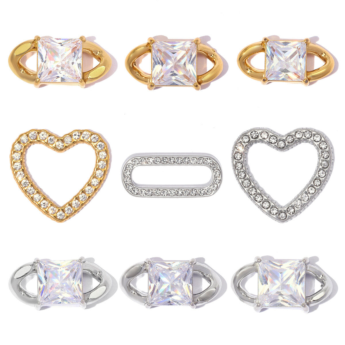 Ciondolo da donna a forma di cuore geometrico in acciaio inossidabile, impermeabile, color oro, con strass e zirconi.