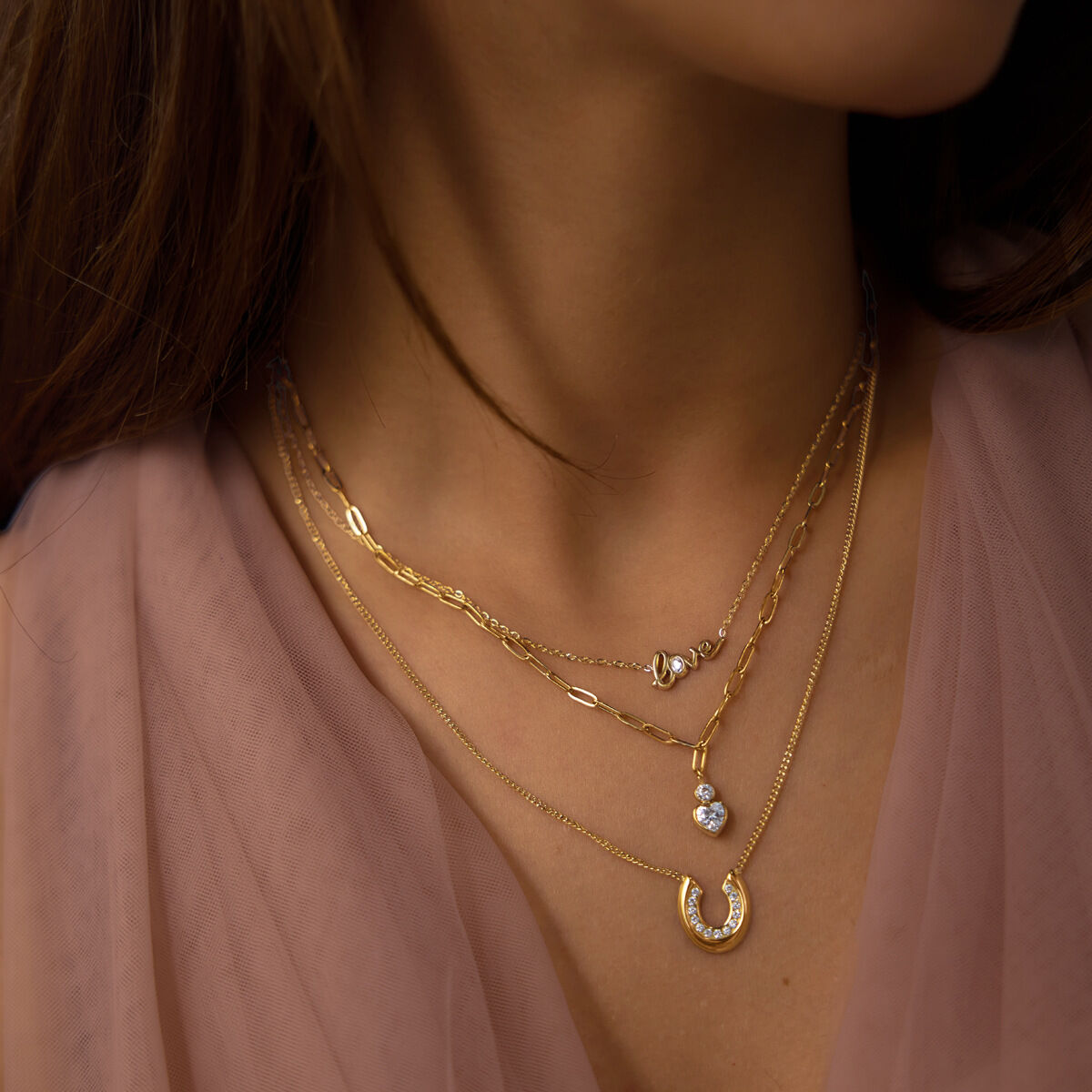 Elegant Letter Horseshoe-Shaped Stainless Steel Waterproof Gold Color Zircon Women's Pendant Necklaces