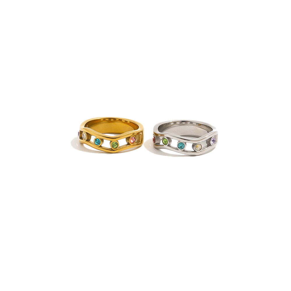 Luxuriöser, Unregelmäßig Geformter Damenring Im Ozeanischen Stil Aus Edelstahl, Wasserdicht, Goldfarben, Mit Zirkonia h5Bild4