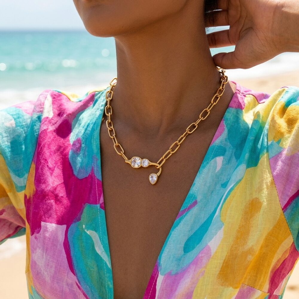Eenvoudige Serie Casual Ketting Met Onregelmatige Vorm, Roestvrij Staal, Waterdicht, Goudkleurige Zirkonia, Damesketting h5Afbeelding2