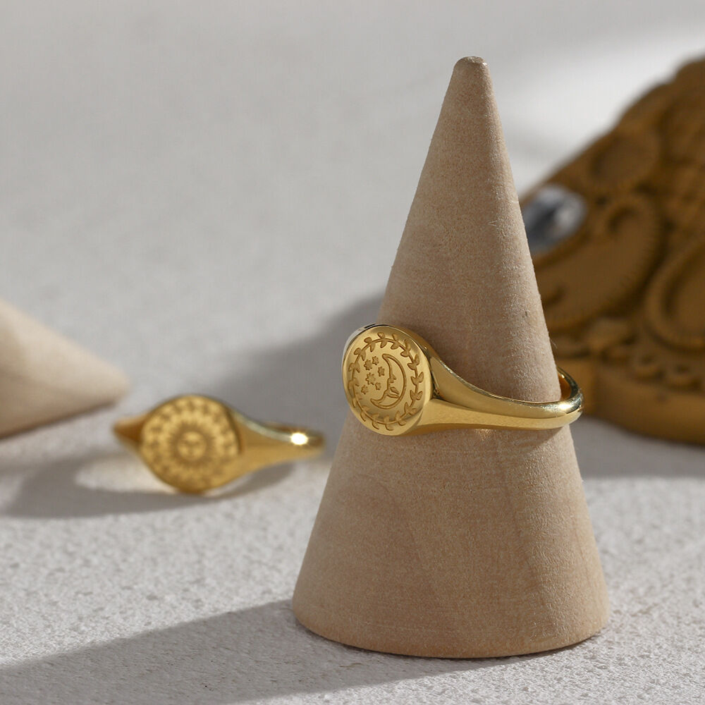 Classic Series Daily Sun Plant Moon Stainless Steel Waterproof   Gold Color  Signet Rings Picture3