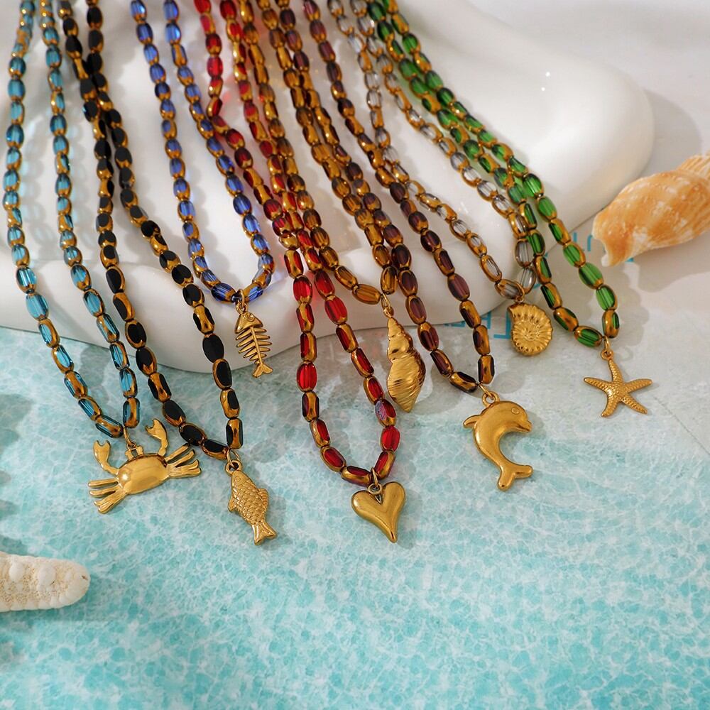 Simple Series Vacation Oceanic Style Beads Fish Stainless Steel Waterproof   Gold Color  Women's Beaded Necklaces h5 Picture3