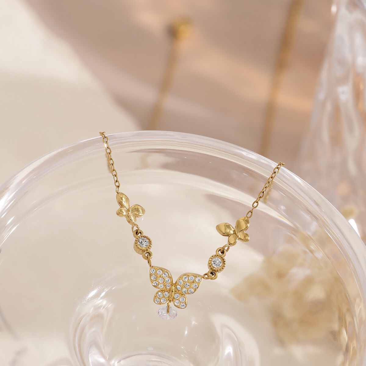 Sweet Butterfly Stainless Steel Waterproof Gold Color Rhinestone Women's Pendant Necklaces 2