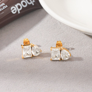 Droplet Rectangle Stainless Steel Waterproof Gold Color Zircon Women's Stud Earrings h5 Picture3