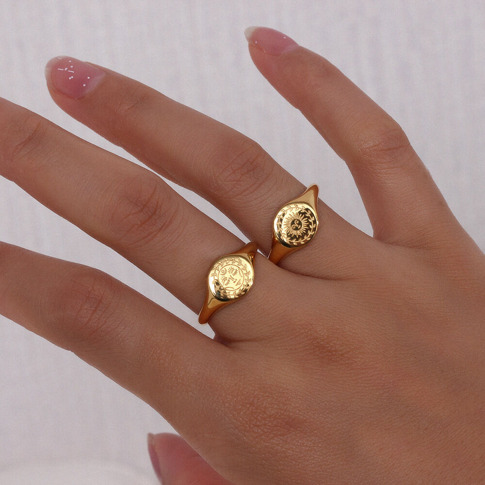 Classic Series Daily Sun Plant Moon Stainless Steel Waterproof   Gold Color  Signet Rings h5 Picture4