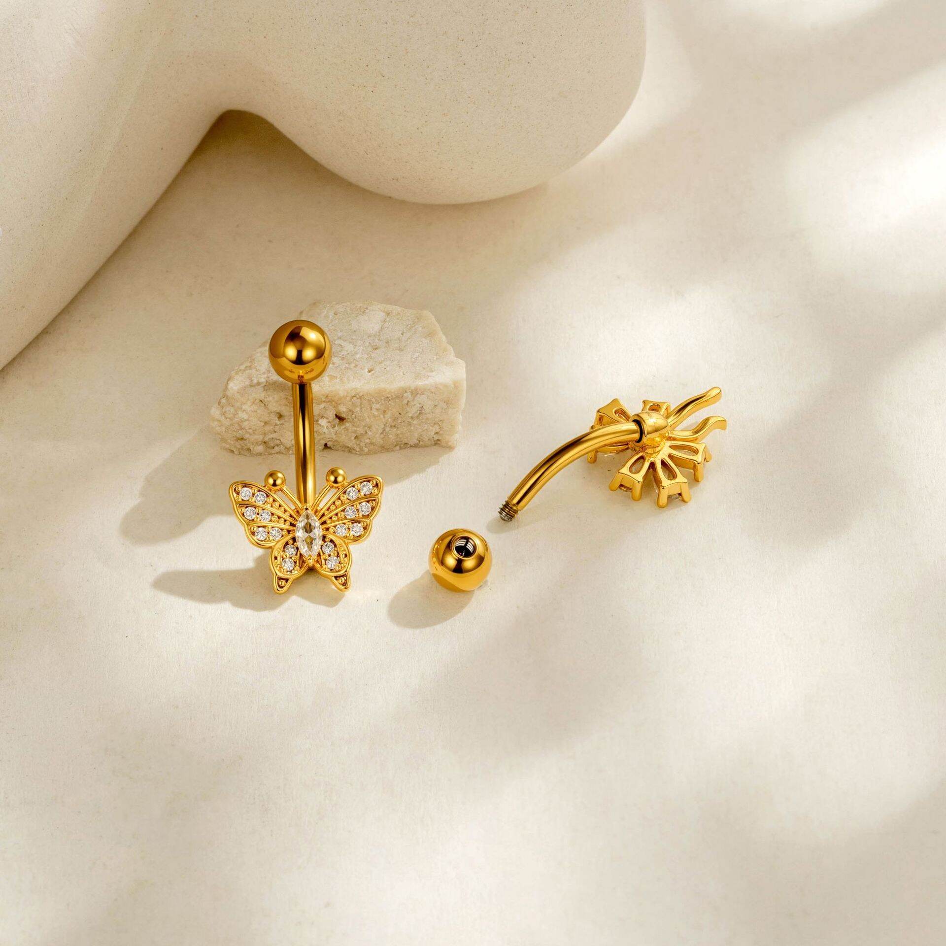 Piercings De Nombril En Zircon Couleur Cuivre Doré, Série Simple : Fleur, Cœur, Feuille, Papillon h5 Image3