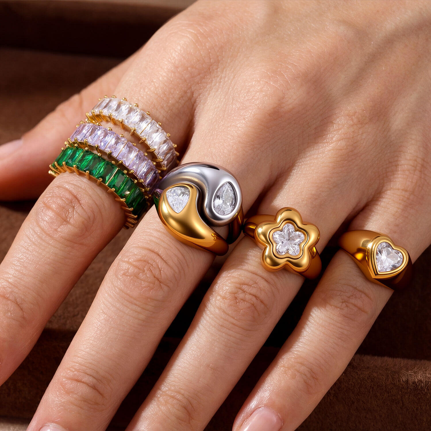 Luxe Serie Elegante Hartvormige Rechthoekige Roestvrijstalen Waterdichte Ringen Met Goudkleurige Zirkonia Voor Dames. h5 Afbeelding2