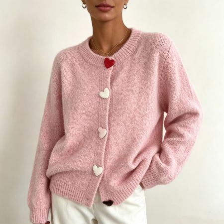 Elegant Solid Color Heart Button Straight Knit Cardigan