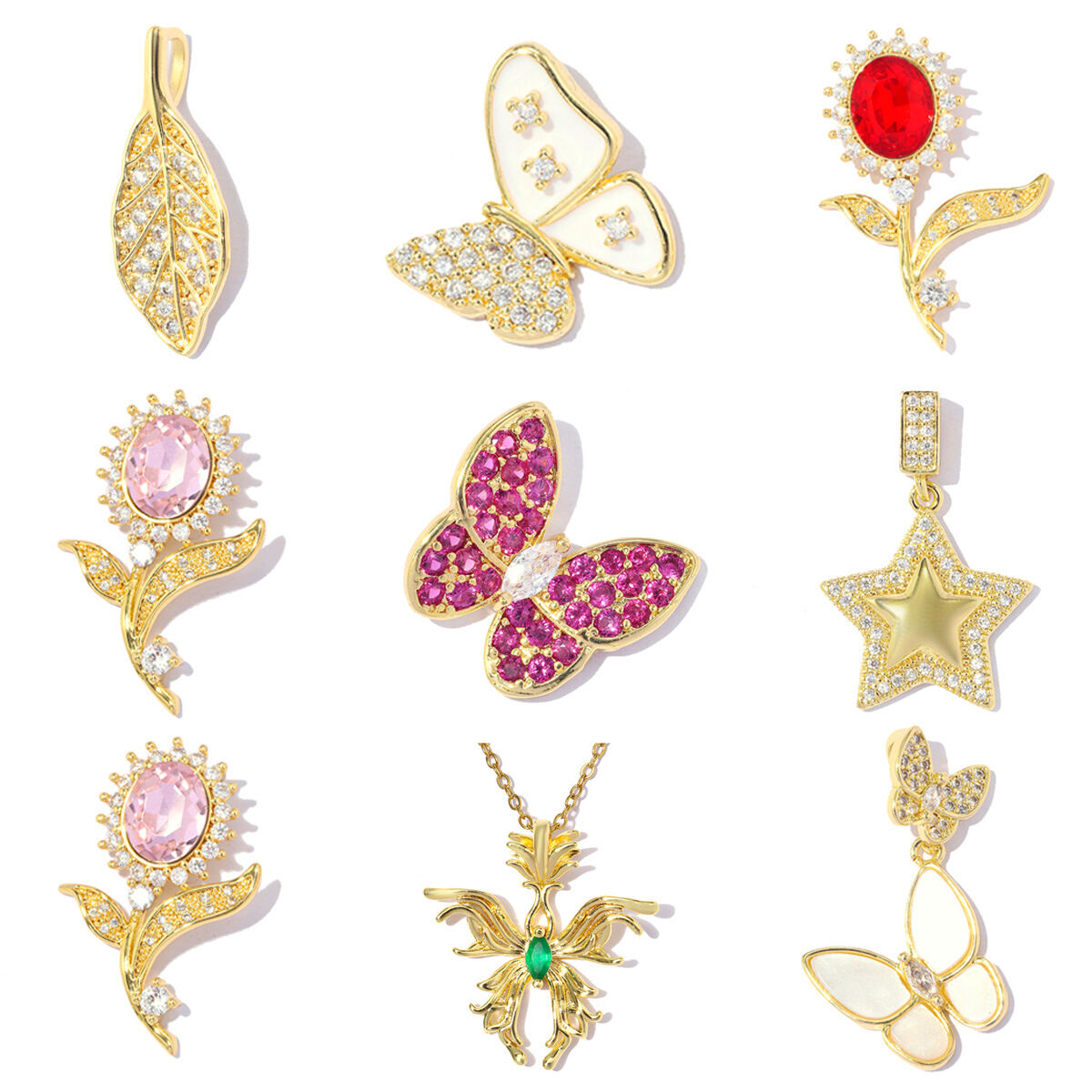 Colgantes de mujer de la serie romántica con forma irregular de flor, color cobre y oro, con circonitas.