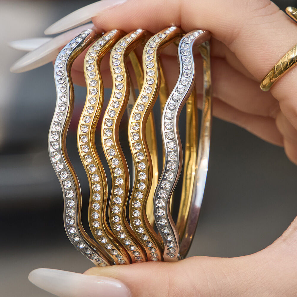 Simple Wave Shape Stainless Steel Waterproof Gold Color Rhinestone Women's Bangles