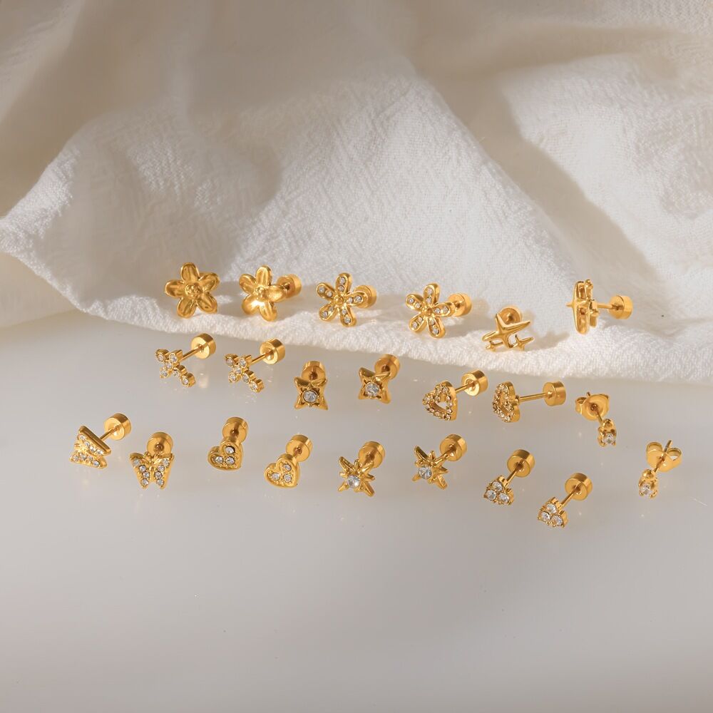 Simple Series Geometric Shape Stainless Steel Waterproof   Gold Color  Rhinestone Women's Stud Earrings