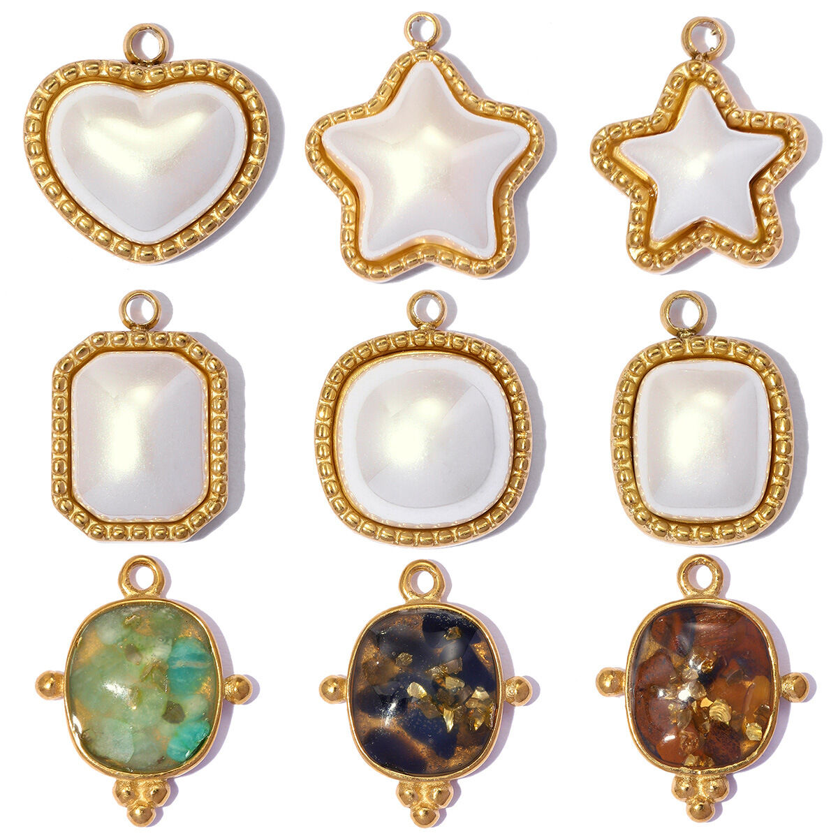 Ciondolo da donna a forma di cuore rettangolare in stile retrò, impermeabile, color oro, con pietra naturale e perla artificiale.