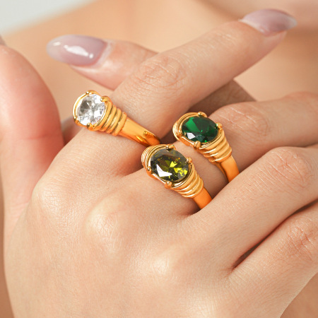 Simple Series Daily Ellipse Shape Stainless Steel Waterproof   Gold Color  Zircon Women's Gemstone Rings