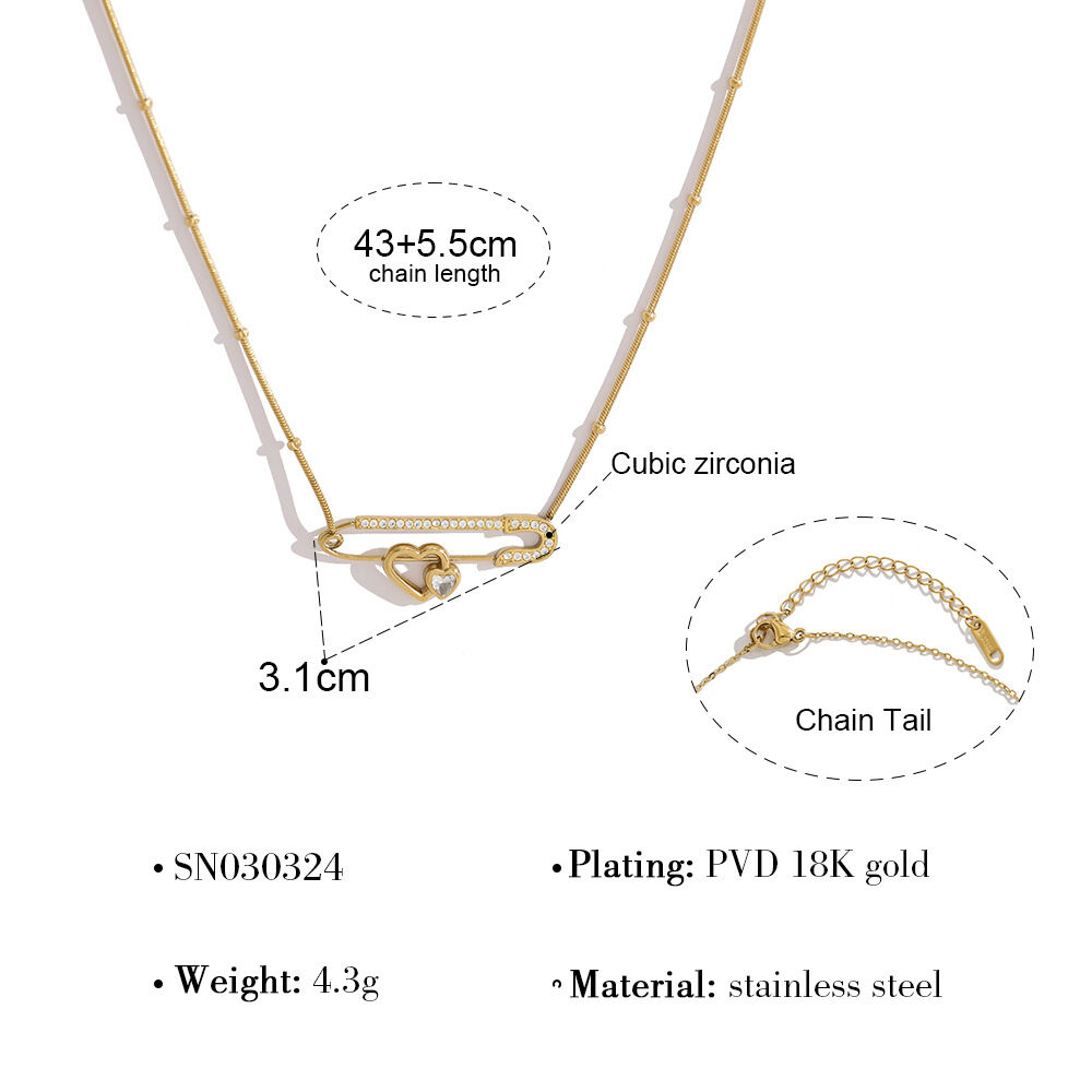 Simple Heart Stainless Steel Waterproof Gold Color Rhinestone Women's Pendant Necklaces h5 