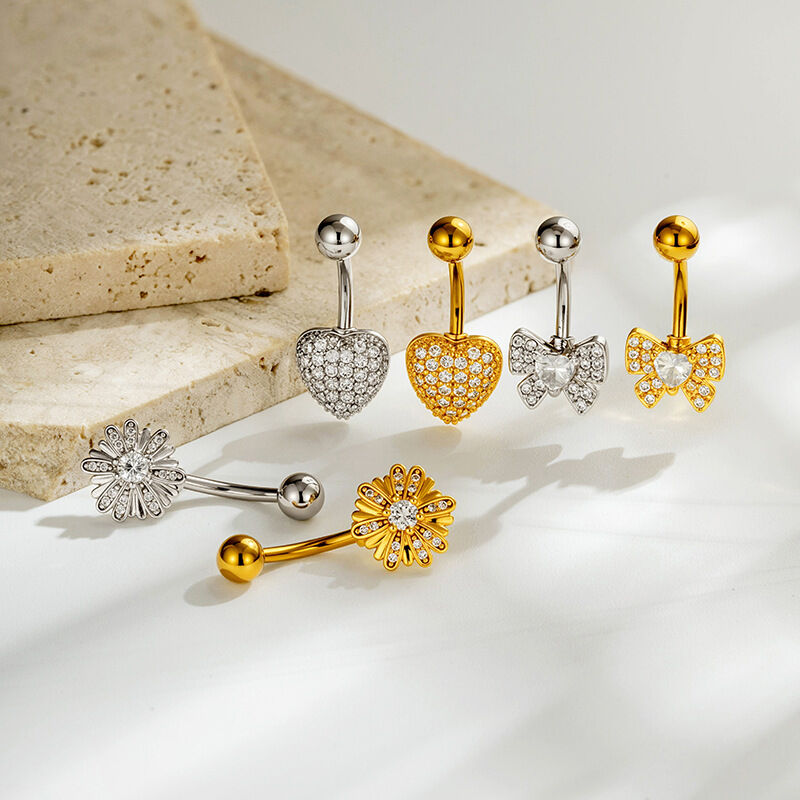 Piercings De Nombril En Zircon Couleur Cuivre Et Or, Motif Fleur, Cœur, Nœud Papillon Et Ailes, Série Simple Image4
