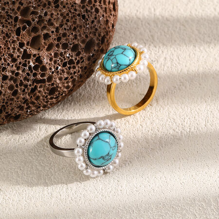 Simple Series Retro Ellipse Shape Stainless Steel Waterproof Gold Color Natural Stone Statement Rings