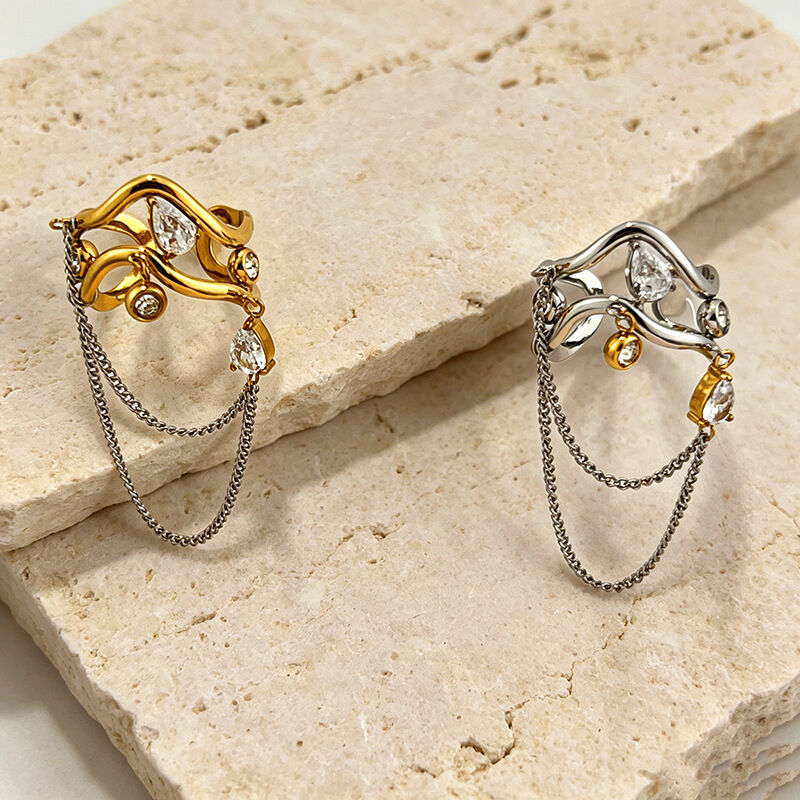 Droplet Tassel Stainless Steel Waterproof Gold Color Zircon Statement Rings h5 Picture2