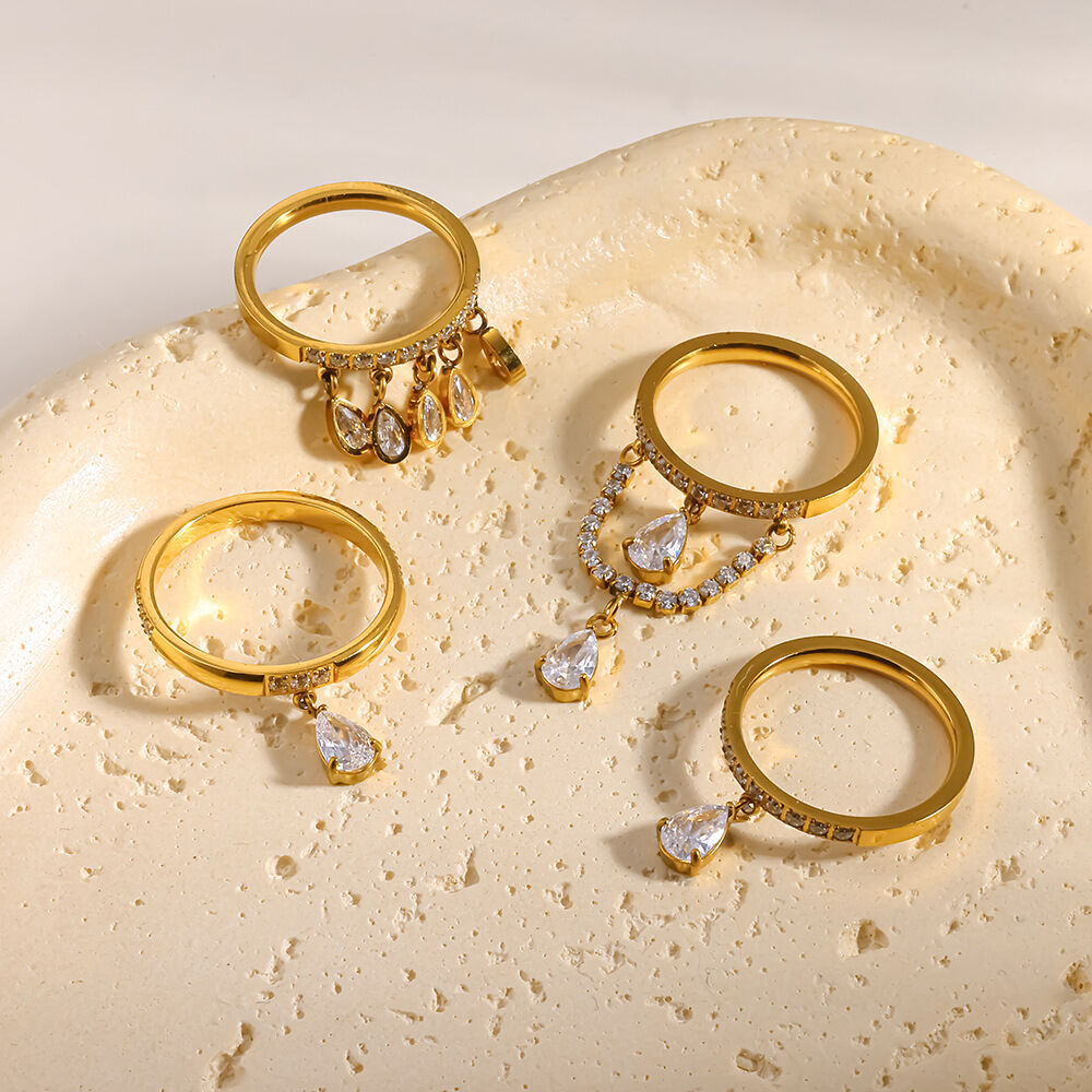 Romantic Series Elegant Droplet Geometric Shape Stainless Steel Waterproof   Gold Color  Statement Rings h5 Picture2