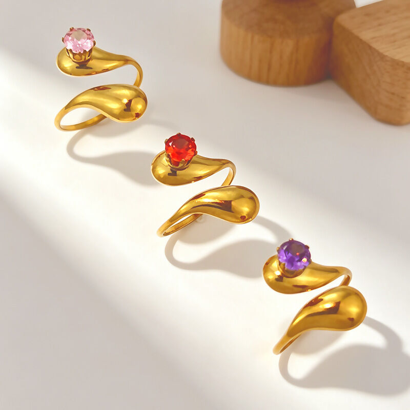 Simple Series Irregular Shape Stainless Steel Waterproof Gold Color Zircon Women's Gemstone Rings h5Picture3