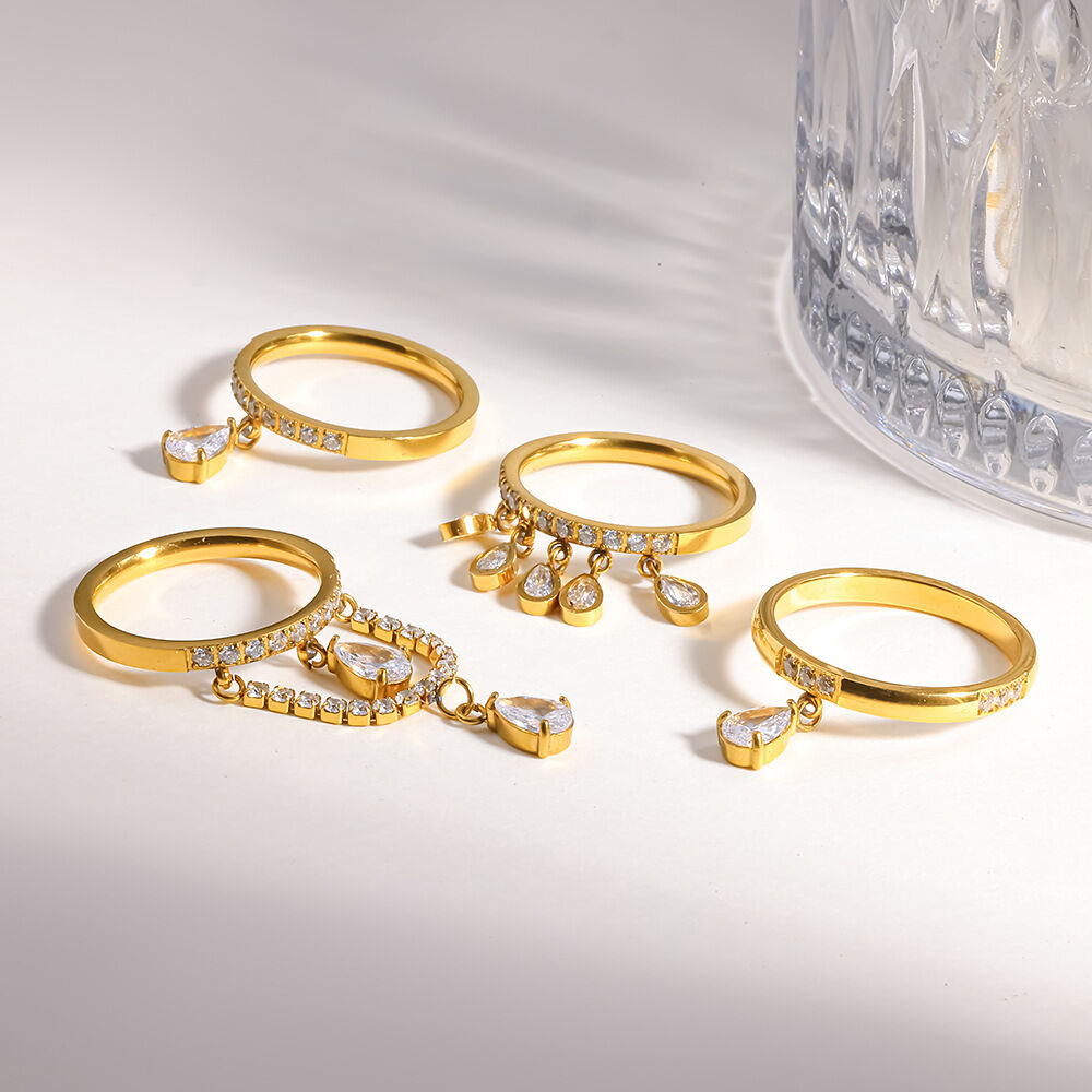 Romantic Series Elegant Droplet Geometric Shape Stainless Steel Waterproof   Gold Color  Statement Rings Picture4