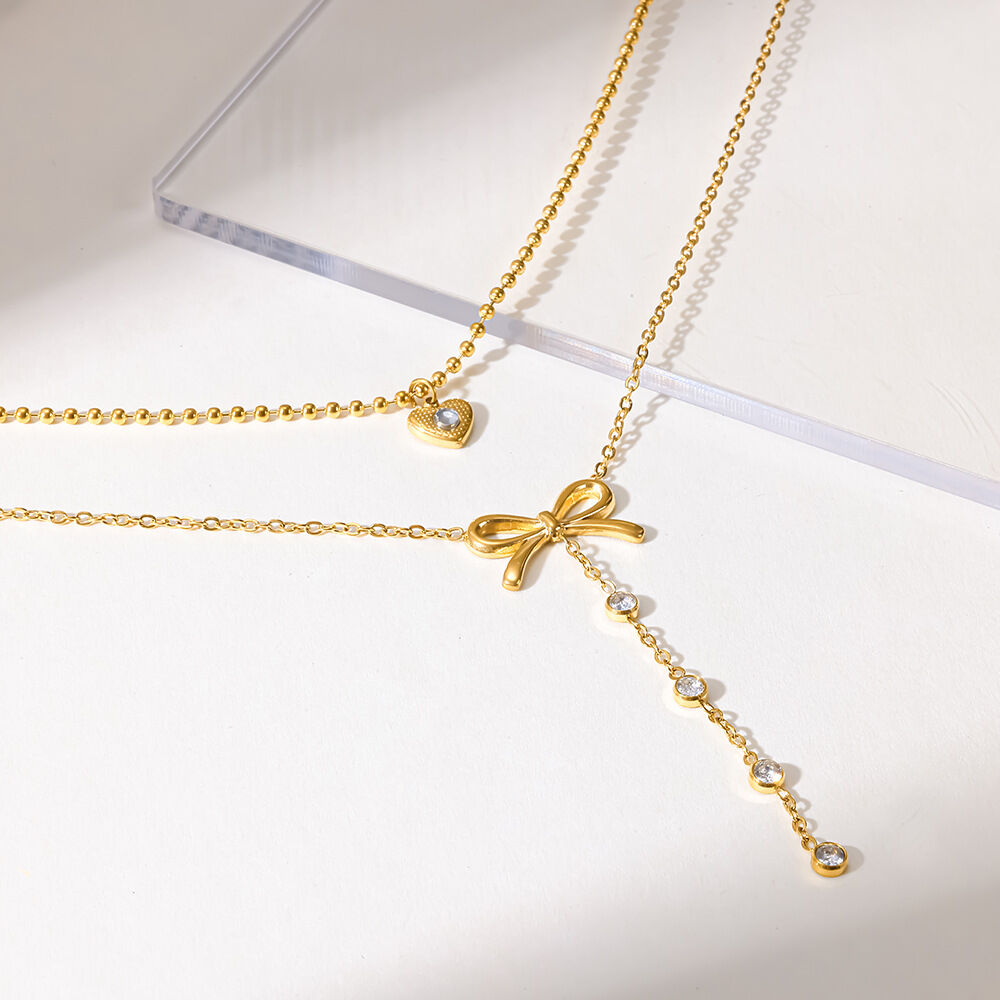 Collares De Mujer De La Serie Romántica Con Lazo En Forma De Corazón, Resistentes Al Agua Y De Color Dorado. h5 Imagen2