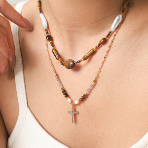 Cross Ellipse Shape Stainless Steel Waterproof Gold Color Natural Stone Zircon Women's Pendant Necklaces h5 Picture5