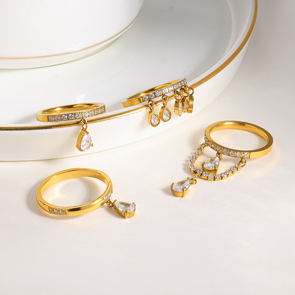 Romantic Series Elegant Droplet Geometric Shape Stainless Steel Waterproof   Gold Color  Statement Rings Picture3